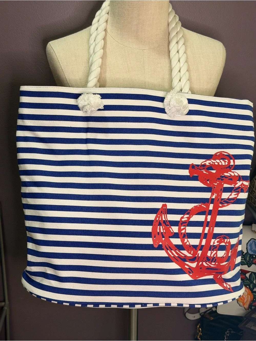 Punctuate Nautical Striped Canvas Tote Bag with Red Anchor Accent